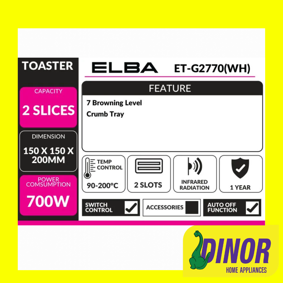 ELBA ET-G2770(WH) 2-Slice Pop-Up Toaster (700W) Cool Touch Body with 6 Browning Levels | ET-G2770 White - Image 2